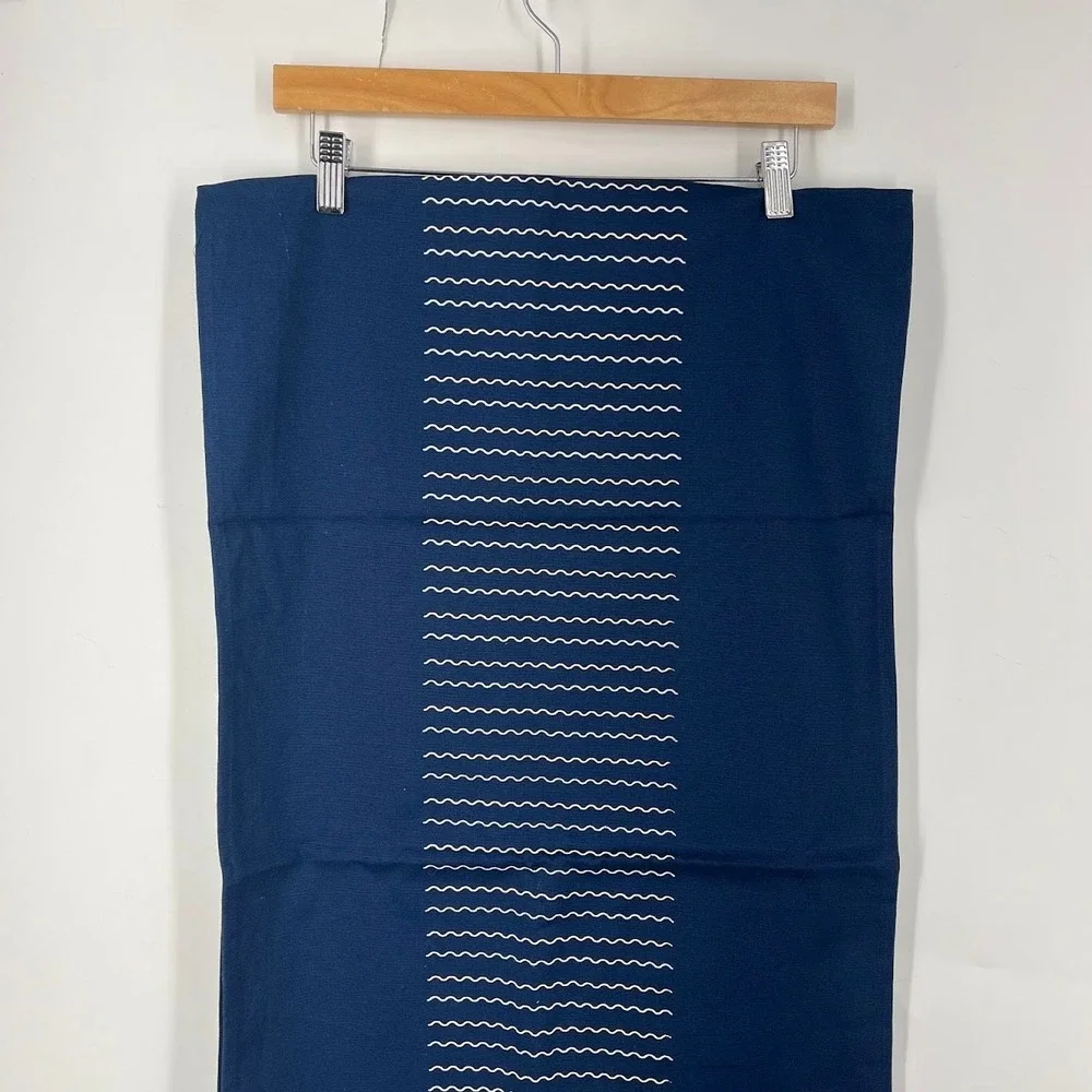 Territory Navy Blue Cotton Table Runner Wavy Line Embroidery 18x35 New
